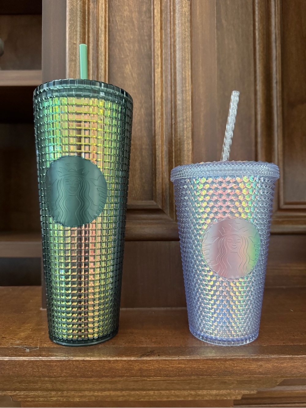 Starbucks Iridescent Green Tall and Lavender Studded Cold Cups with Straws